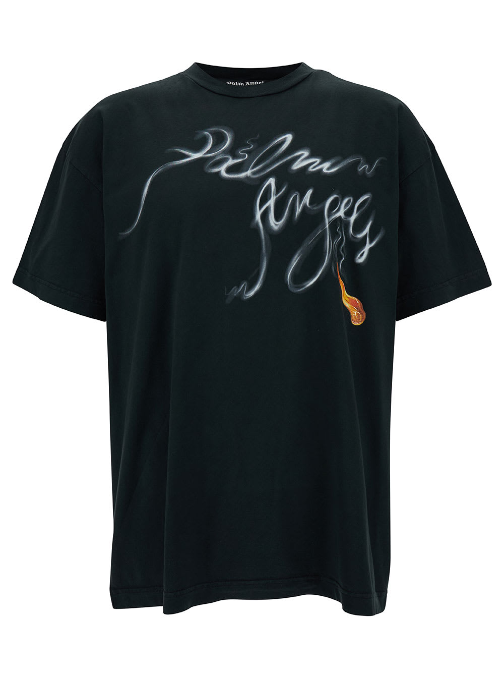 Shop Palm Angels Black Crewneck T-shirt With Foggy Logo Print In Cotton Man