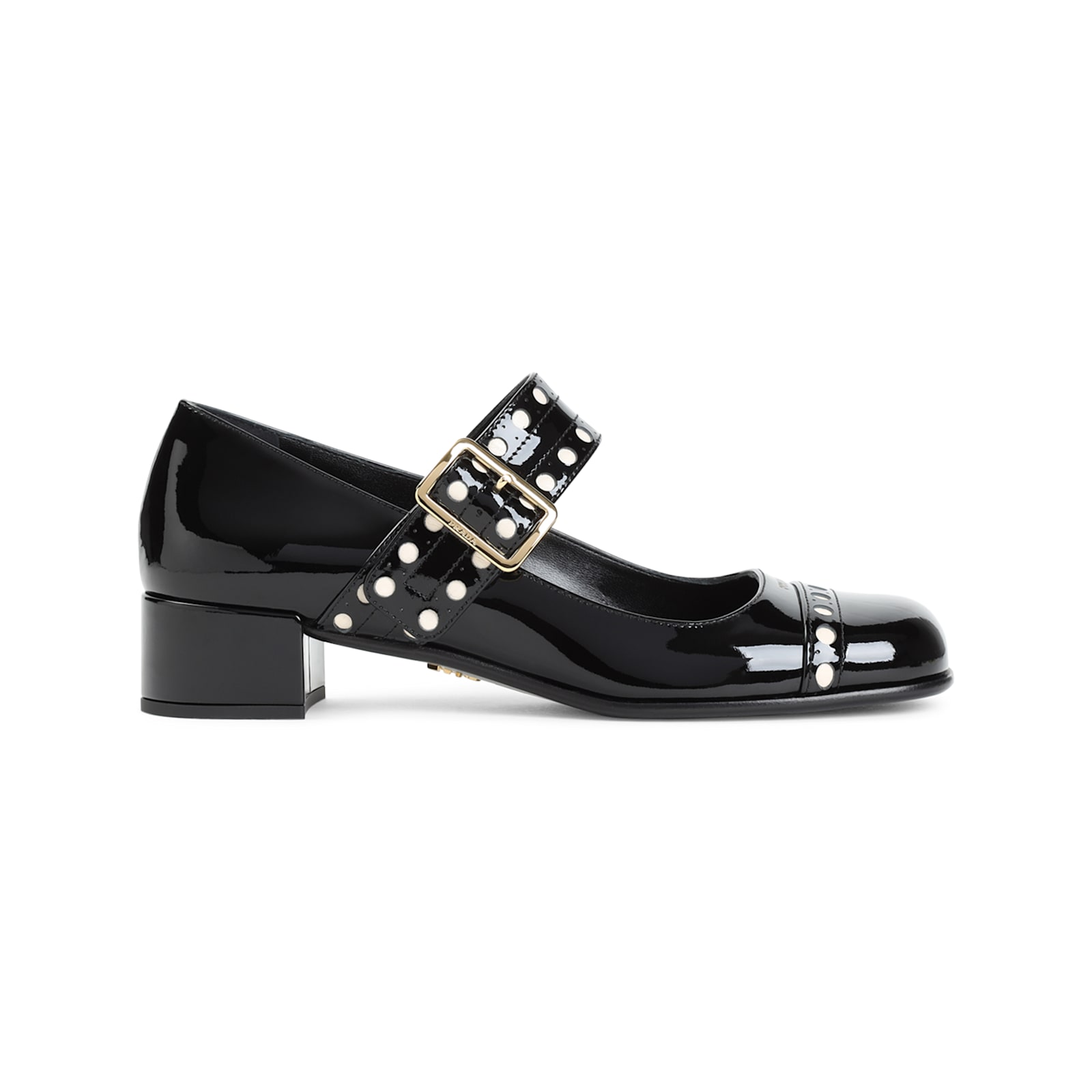 Prada Block Heel Round Toe Patent Finish Studded Detail In Nero