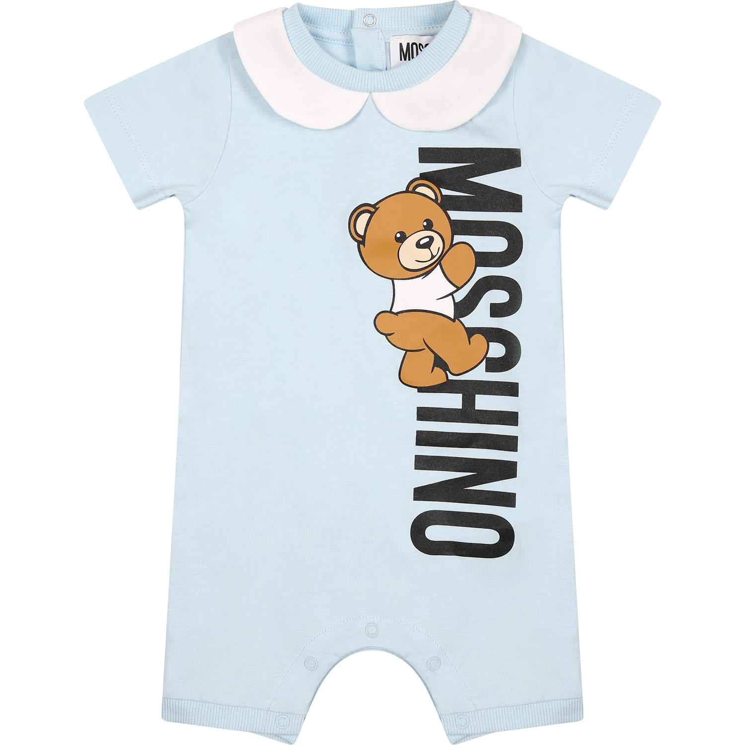 Moschino Light Blue Romper For Baby Boy With Teddy Bear And Logo