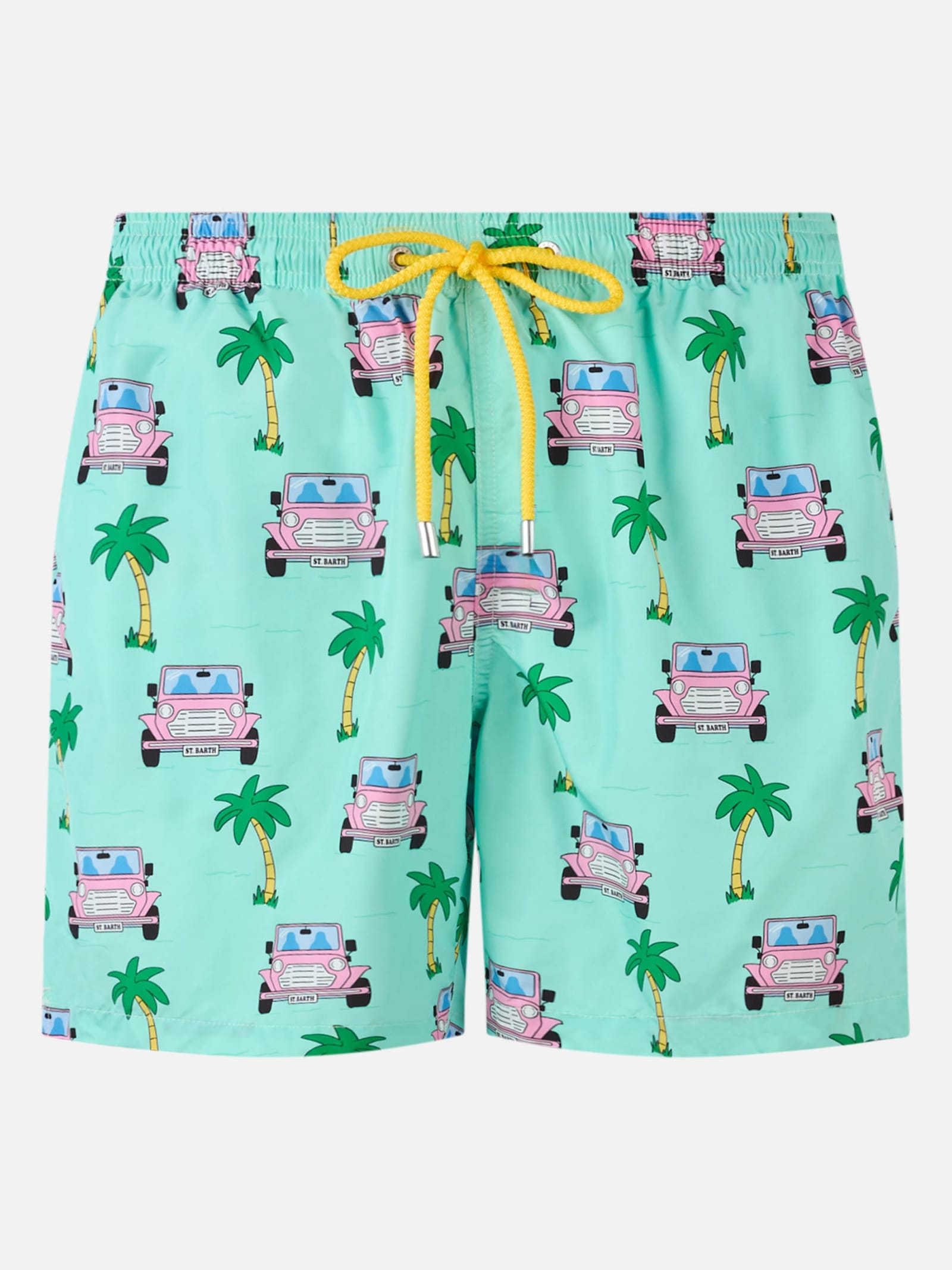 Mc2 Saint Barth Man Lightweight Fabric Swim-shorts Lighting With Off-road Car Print In Green