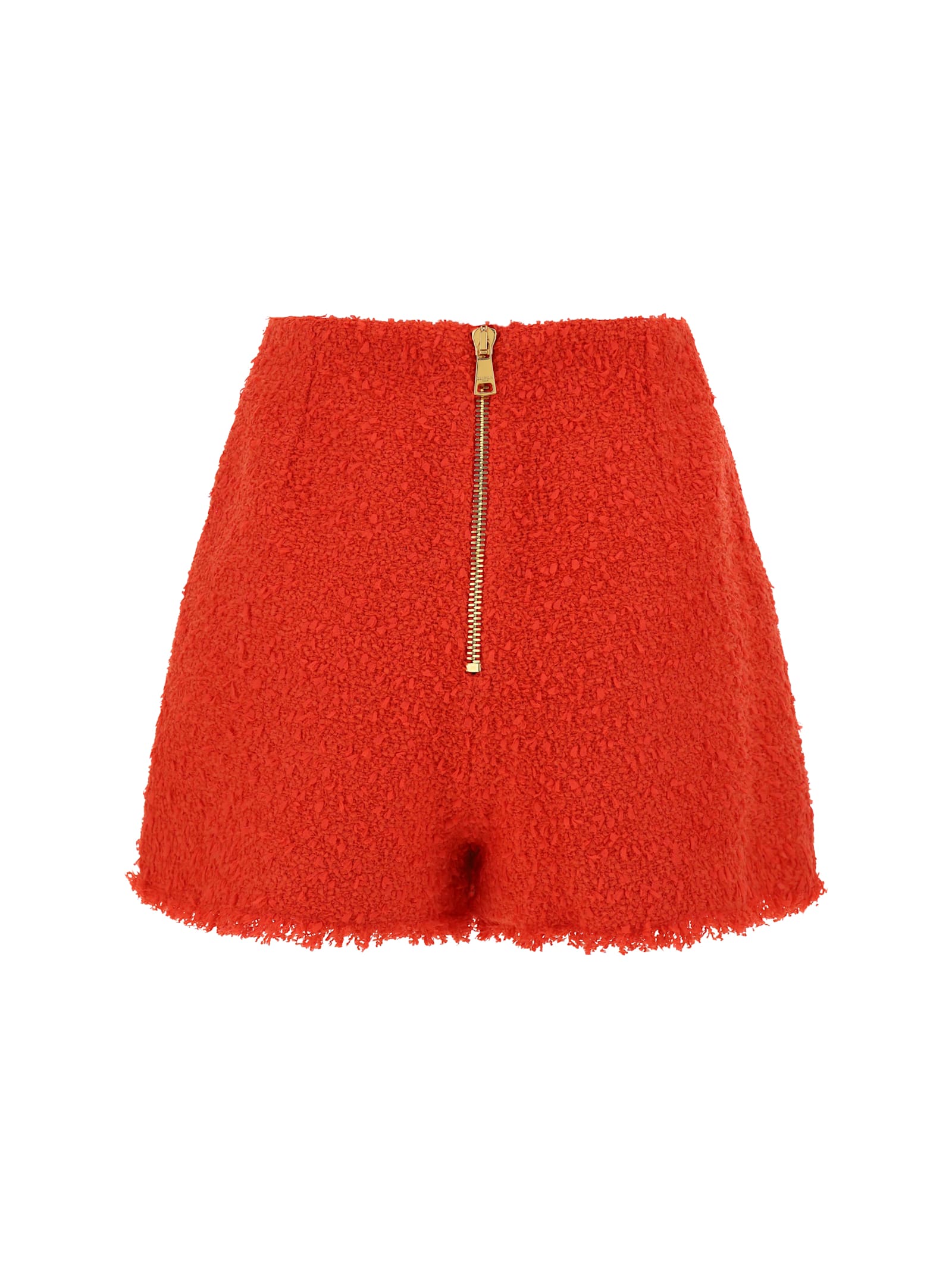 Shop Balmain 2 Pkts Btn Escargot Belted Tweed Shorts In Rouge