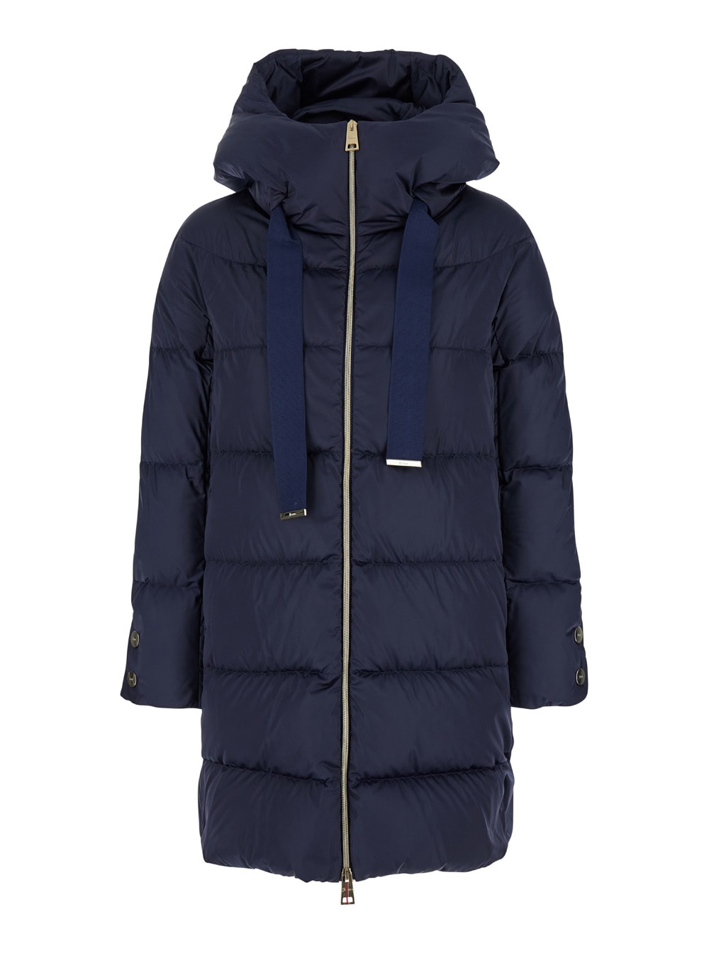 Herno A-shaped Puffer Coat With Hood And Drawstrings In Blu