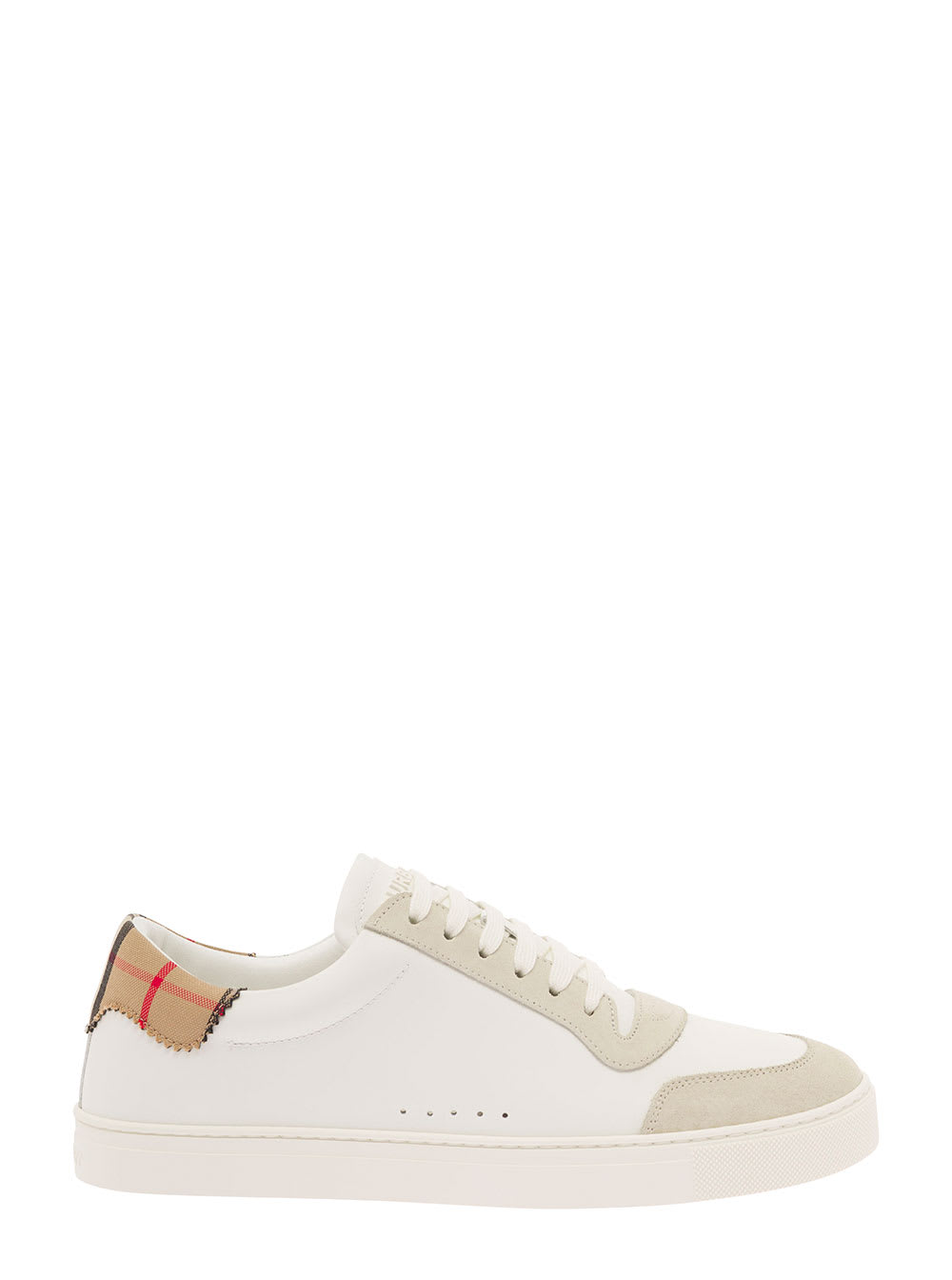 BURBERRY ROBIN WHITE LOW TOP SNEAKERS WITH VINTAGE CHECK MOTIF ON HEEL TAB IN LEATHER MAN