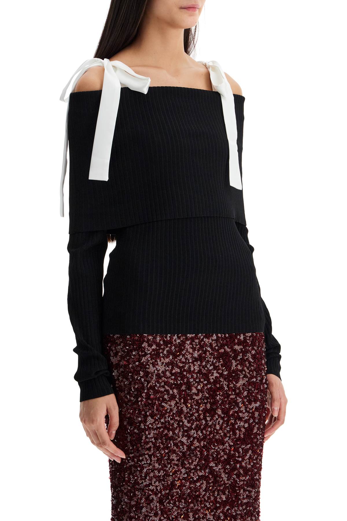 Rotate Birger Christensen Off-shoulder Top With Tied Bow Straps In Black (black)