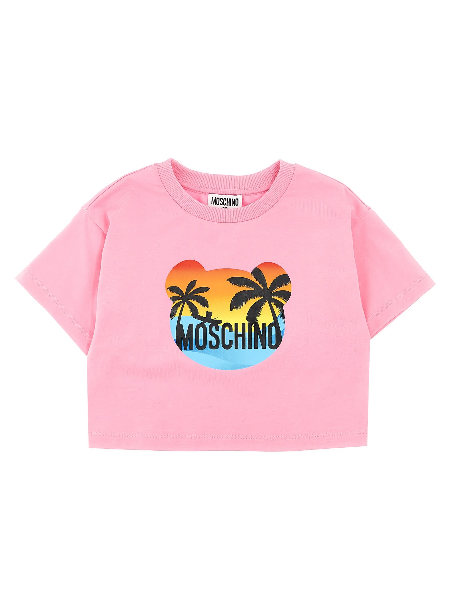 Moschino Kids' Logo Print Cropped T-shirt In Pink