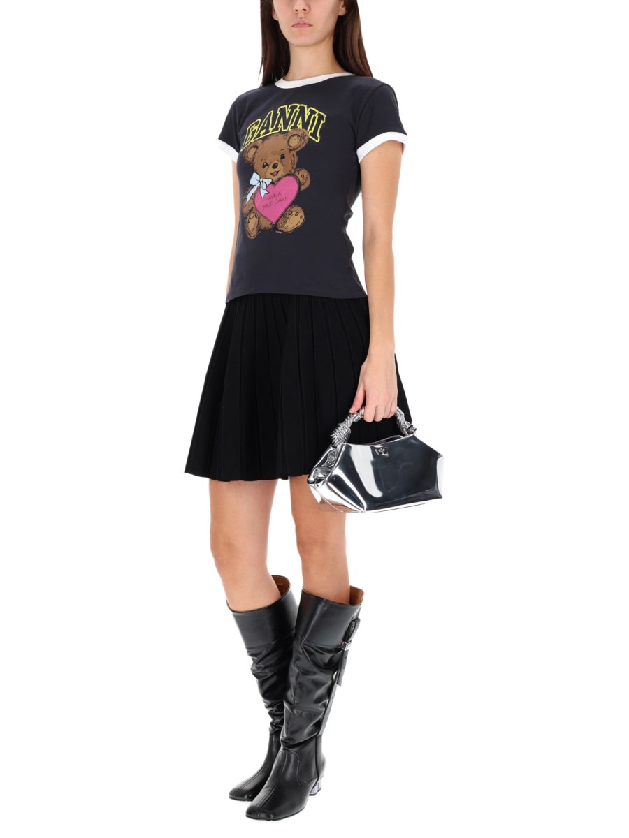 Ganni Graphic Print Crew Neck Short Sleeve Top In Blue