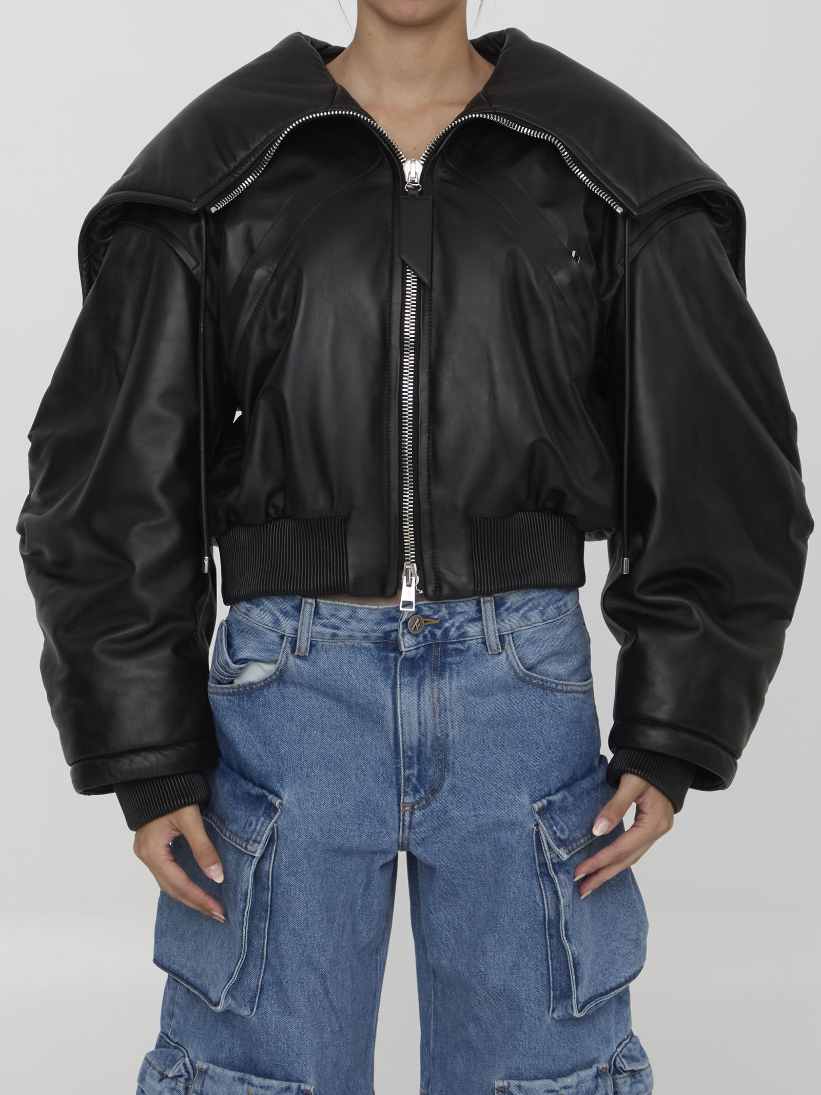 Shop Attico Leather Bomber Jacket In Black