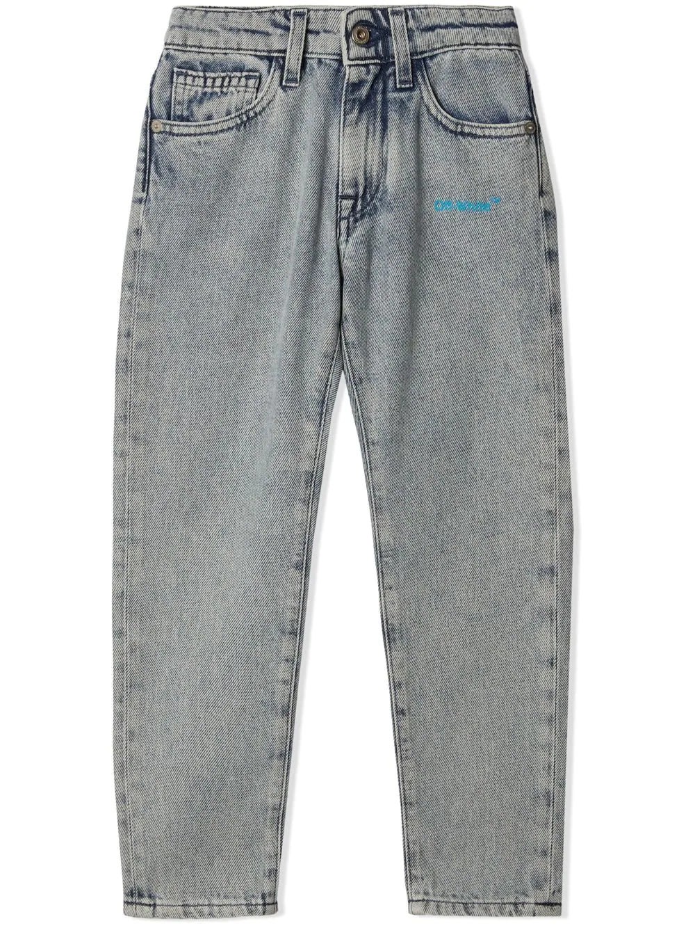 Off-white Boy's Helvetica Logo-print Straight Jeans In Grigio