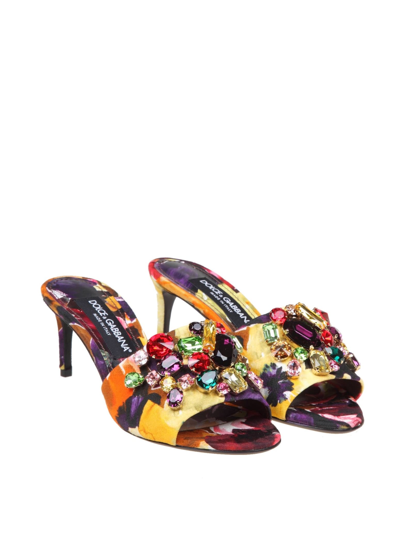 Shop Dolce & Gabbana Slippers In Brocade Fabric With Colored Stones In Yellow