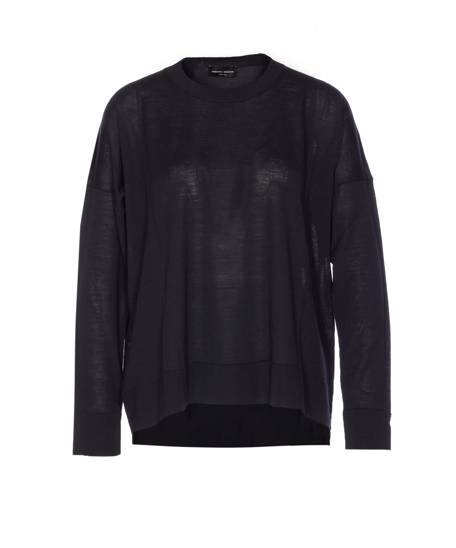 Roberto Collina Sheer Fabric Crewneck Sweater With Ribbed Cuffs In Black