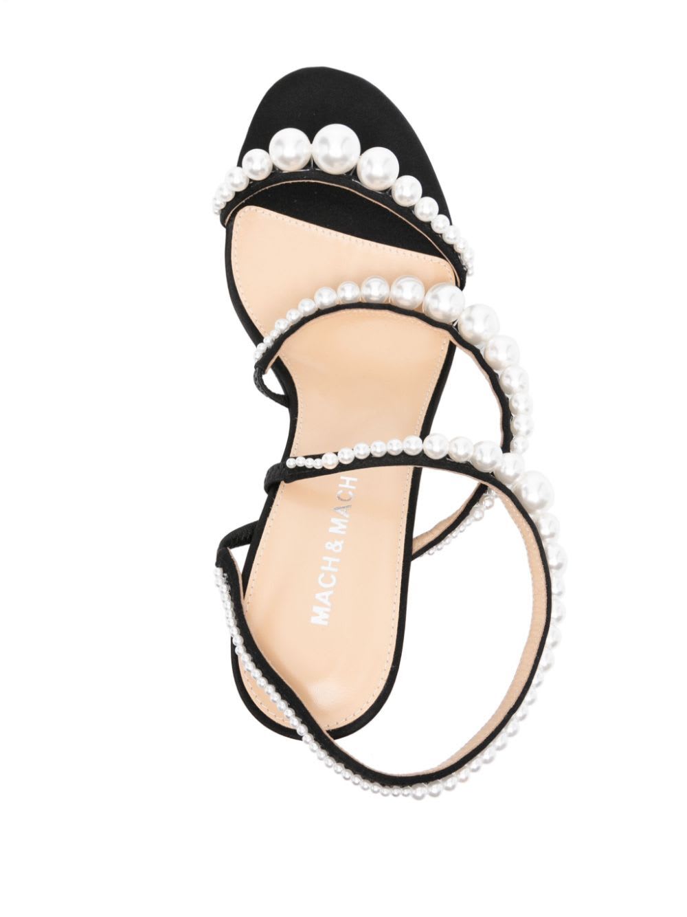 Shop Mach &amp; Mach Sirene Satin Round Toe Pearl Sandals In Black