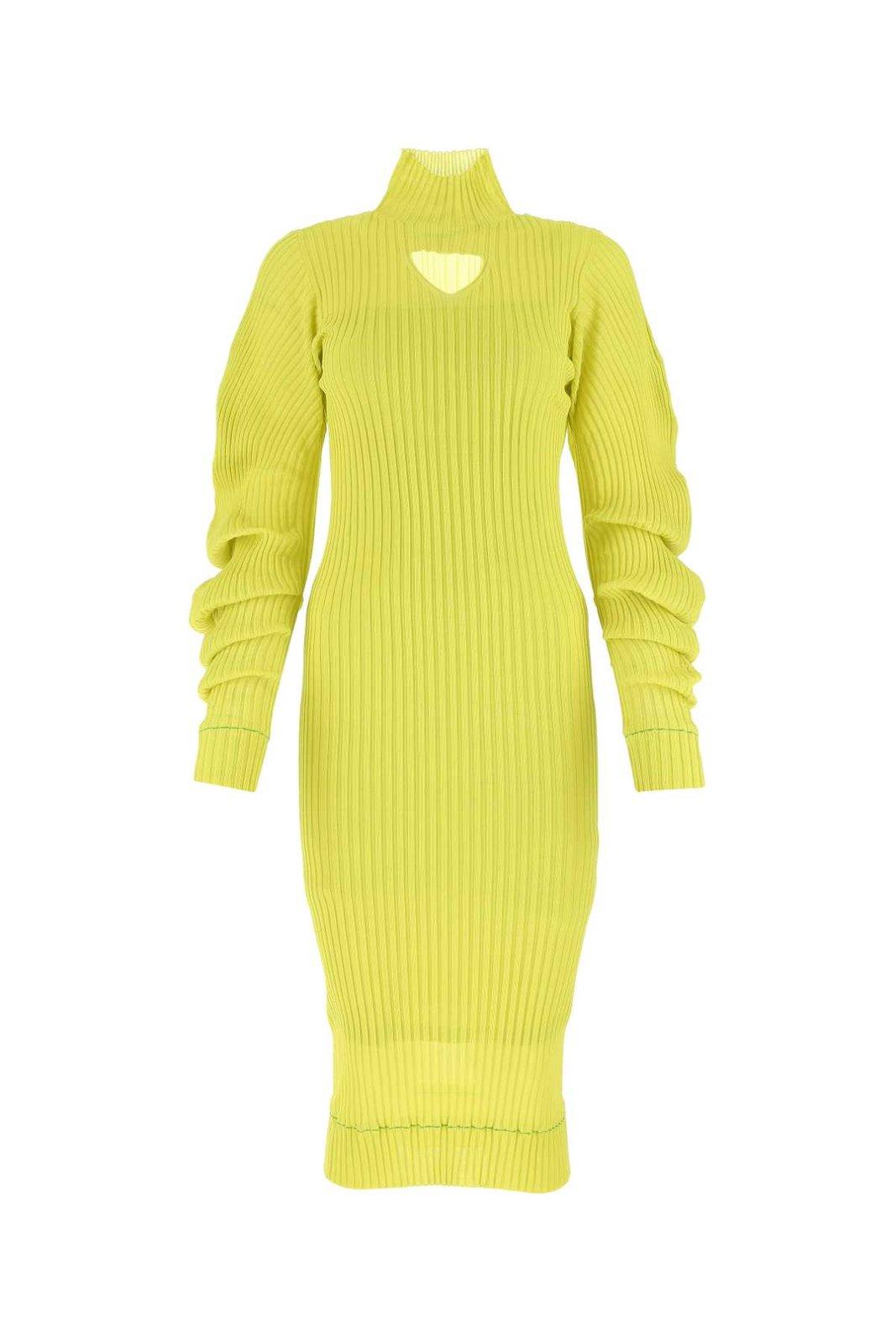 Shop Bottega Veneta Turtleneck Cut-out Rib-knit Dress In Green