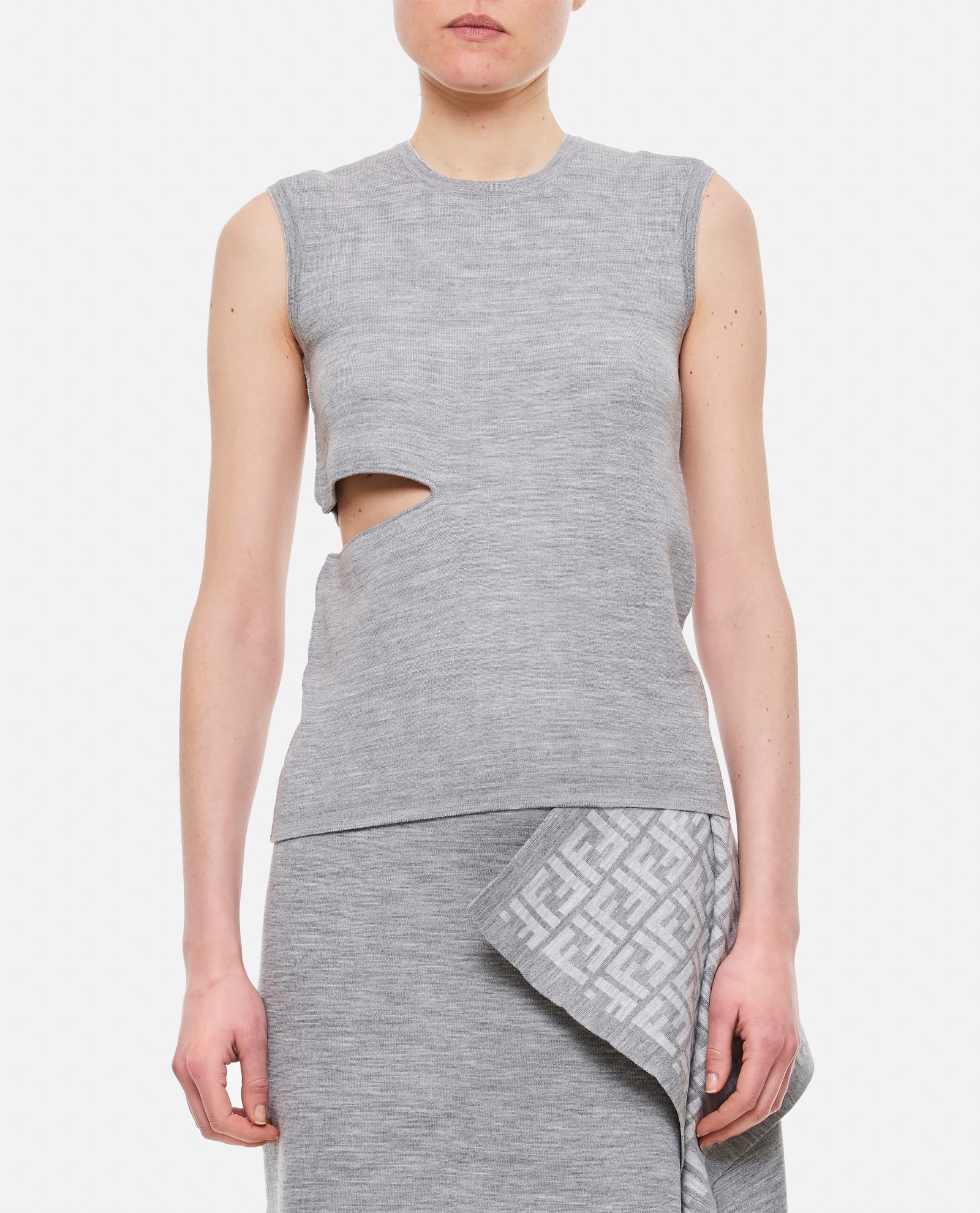 Fendi Sleeveless Wool Top With Unique Cut-out Detail In Gray