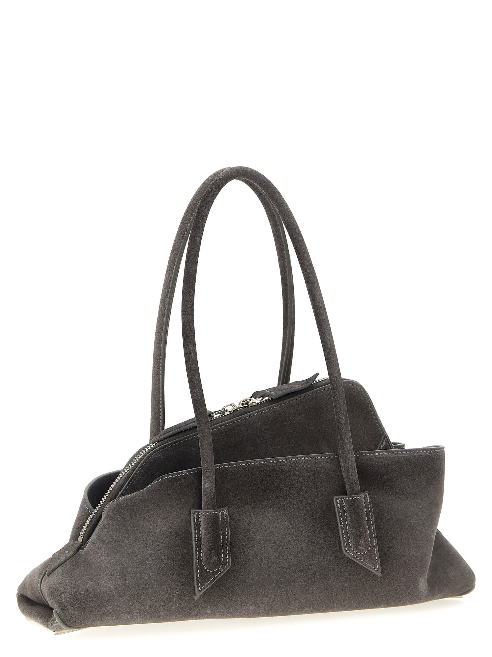Attico Small Leather Shoulder Bag With Suede Finish In Gray