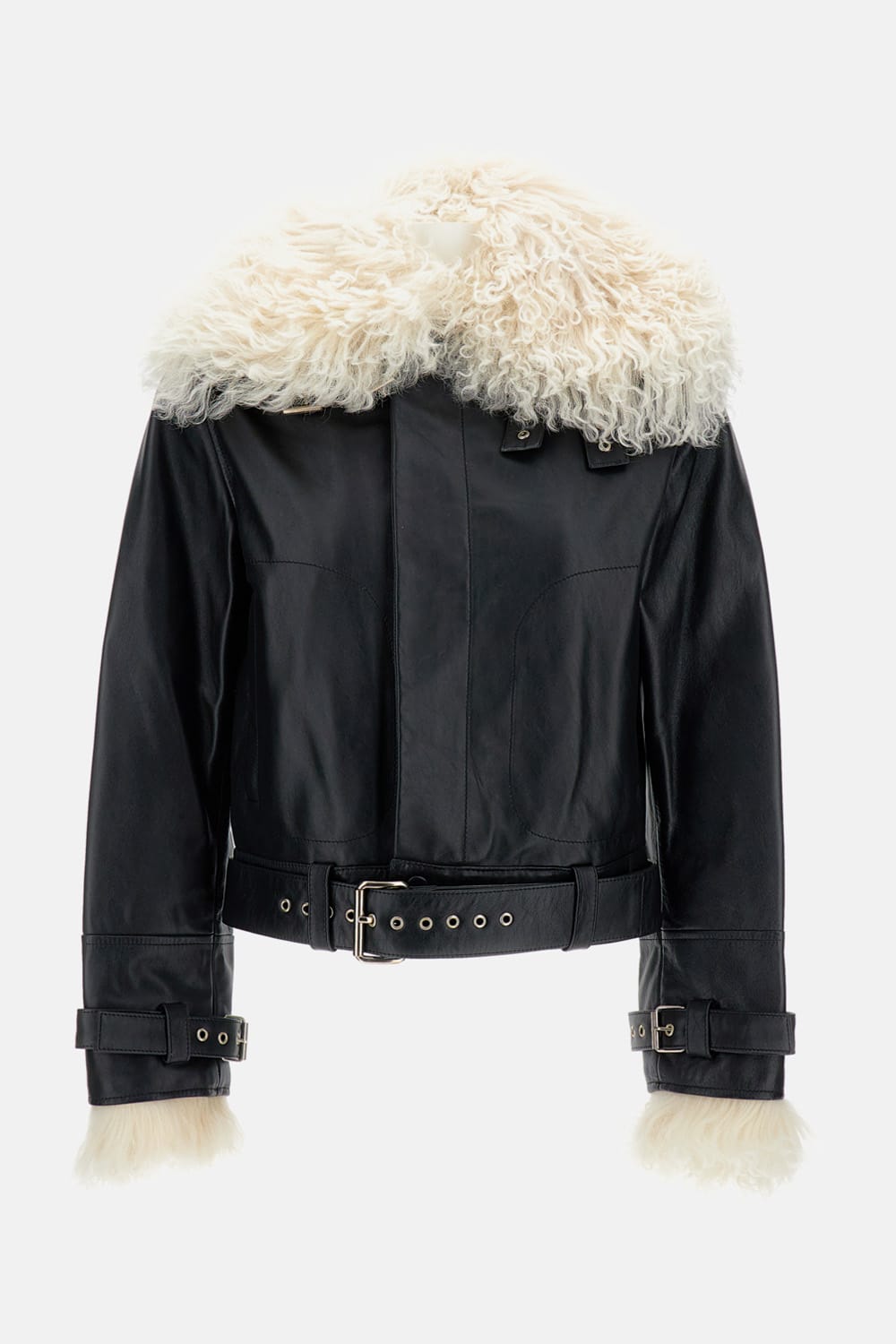 Wales Bonner Fur-collar Belted Jacket In Black