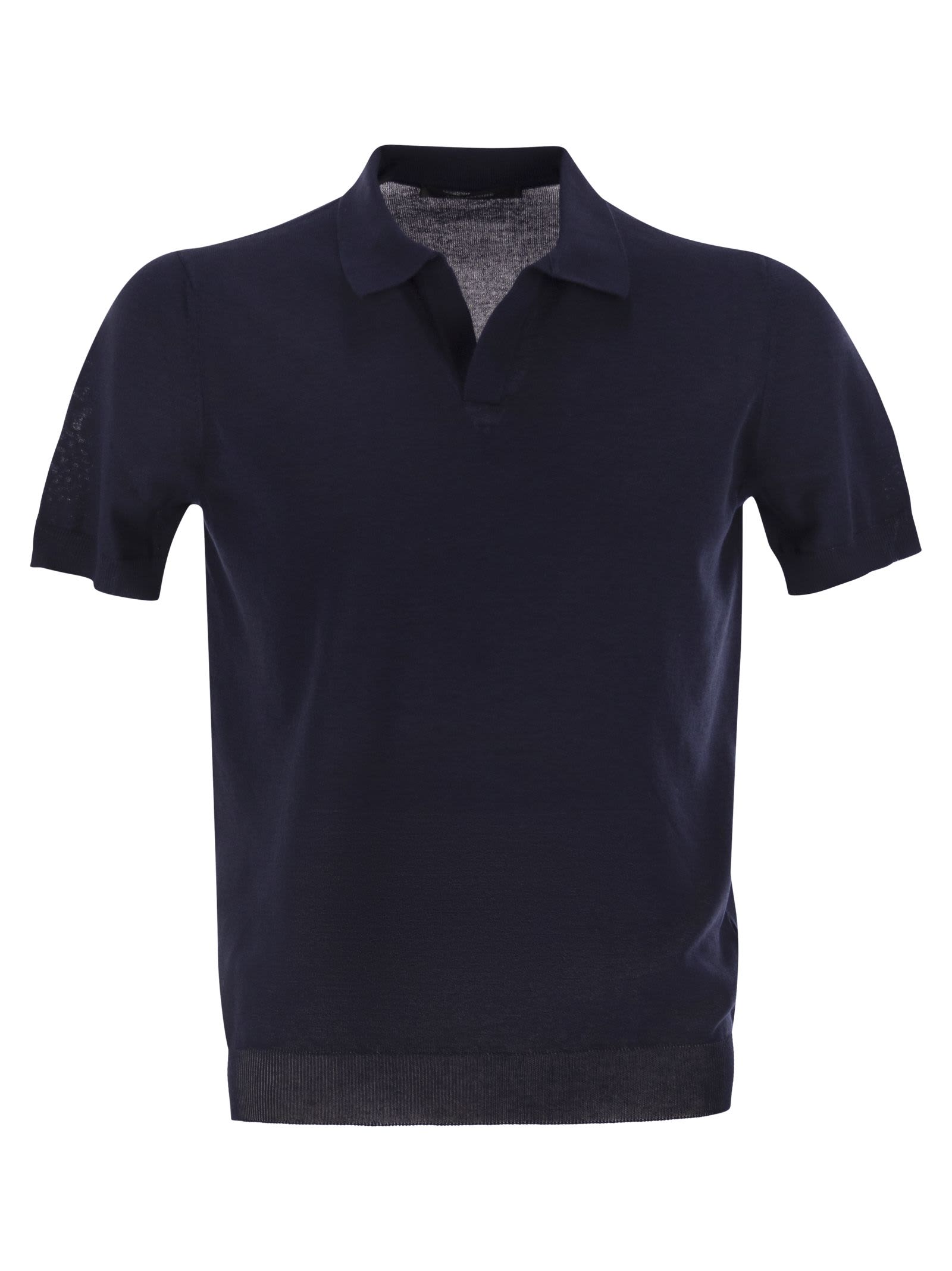 Tagliatore Blue Polo Shirt With Buttonless Collar And Ribbed Trims