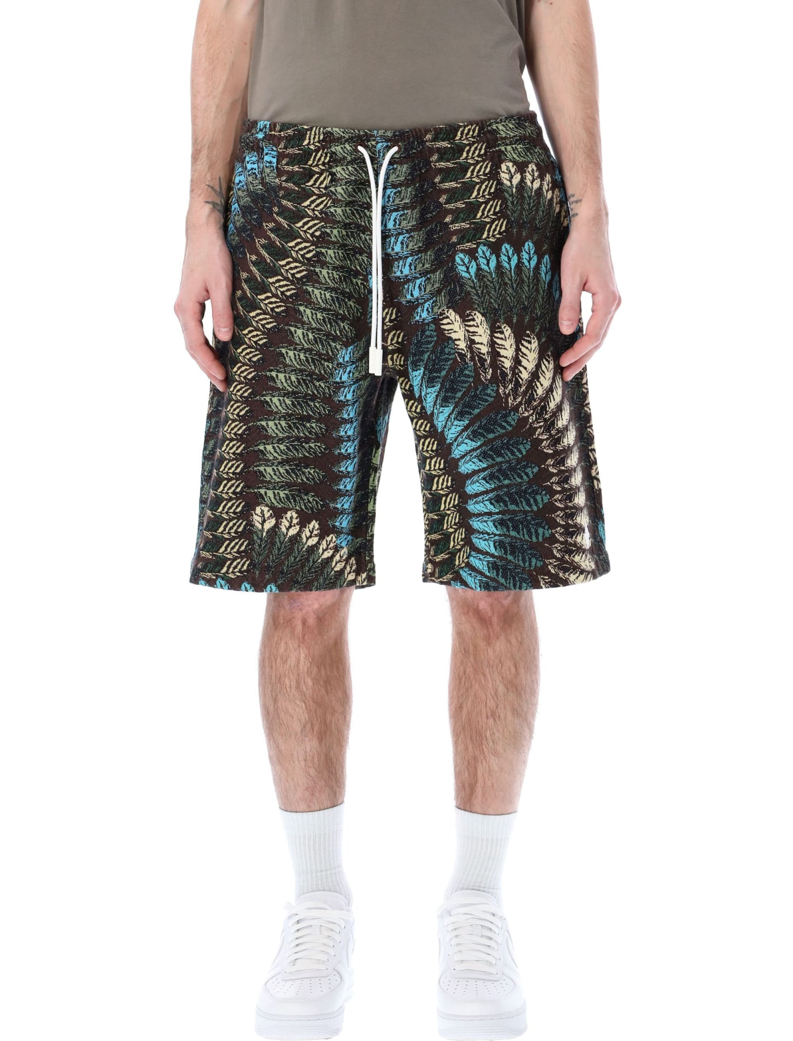 Marcelo Burlon County Of Milan Feather-print Straight-leg Shorts In Brown Green