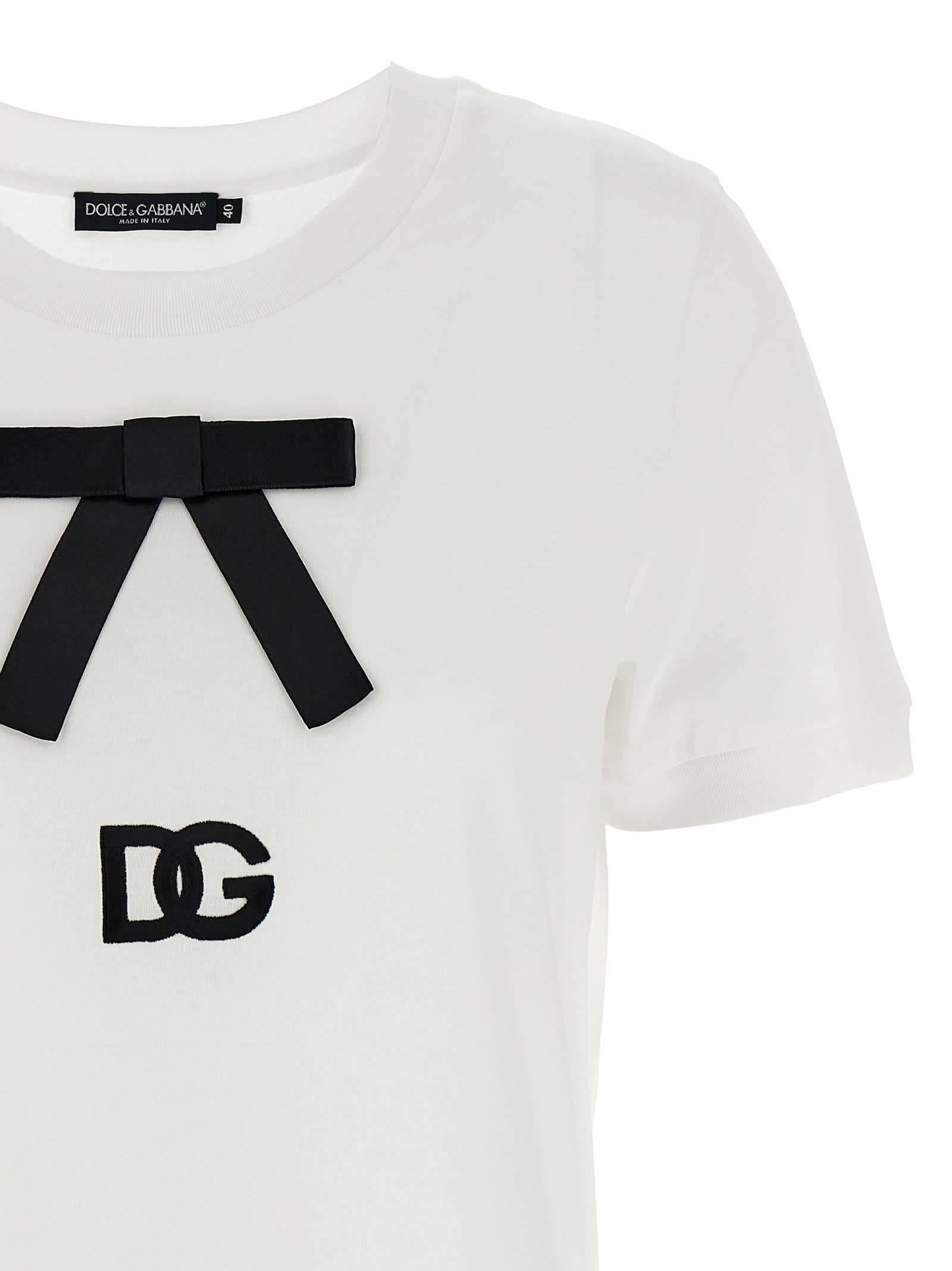 Dolce & Gabbana White T-shirt With Bow On The Front And Dg Logo