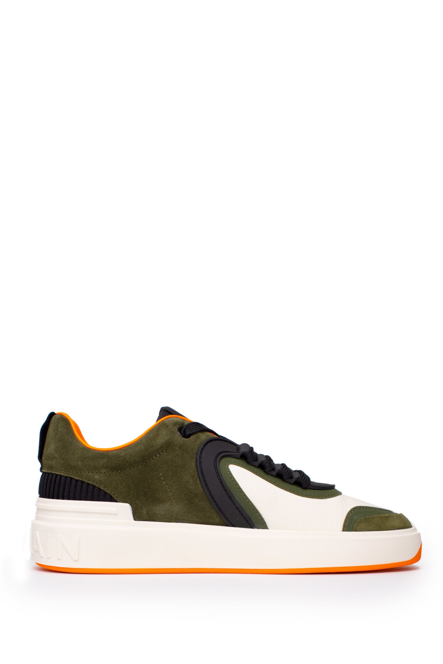 Balmain Kaki And White B-skate Sneakers In Calf Leather And Suede