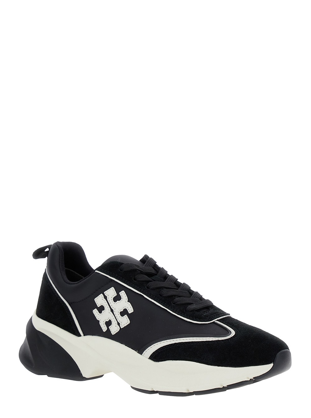 Shop Tory Burch Good Luck Black And White Sneakers With Double T Detail In Tech Jersey And Fabric Woman