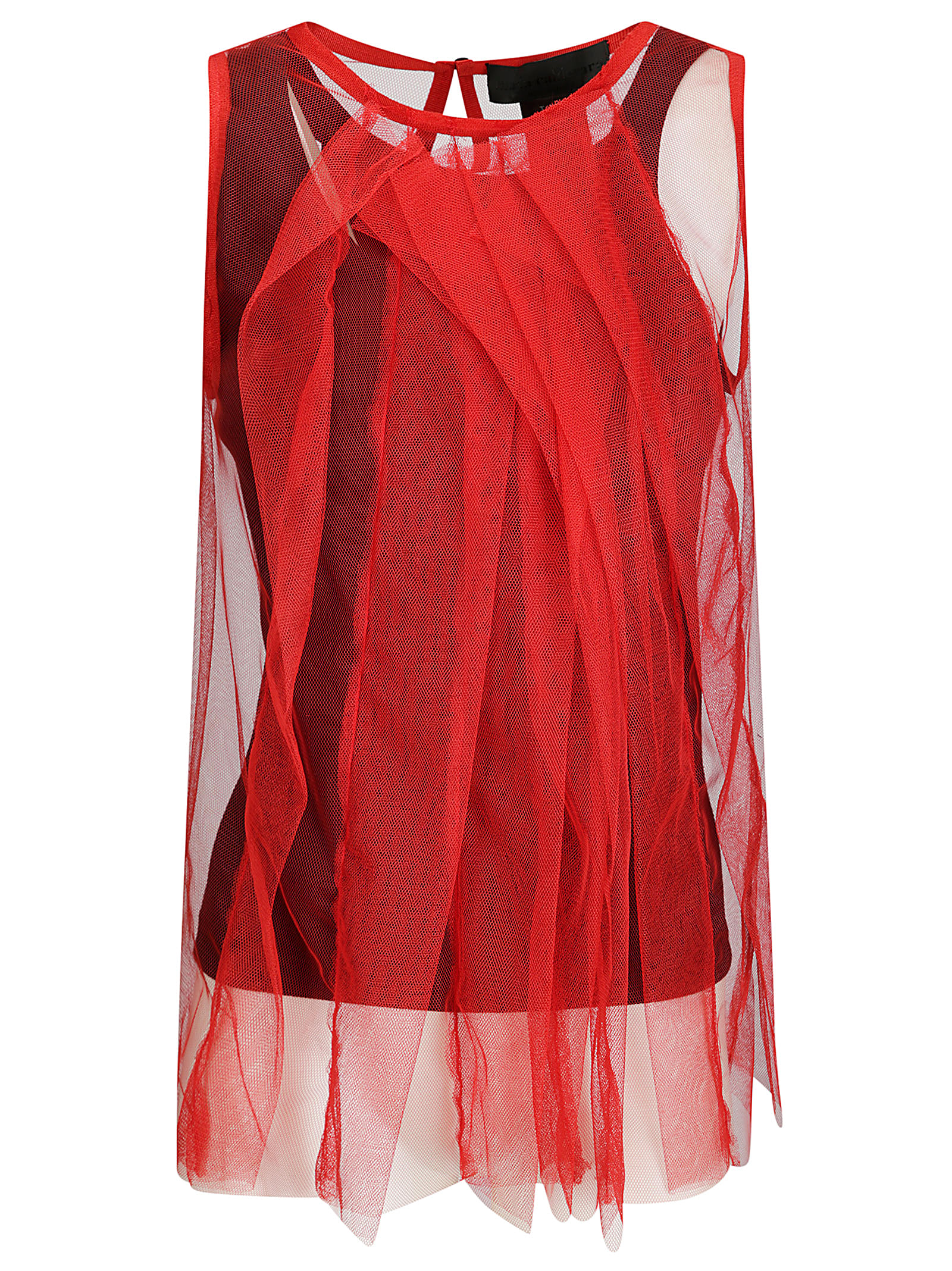 Maria Calderara Sleeveless Cotton Top With Contrasting Tulle Overlay In Red