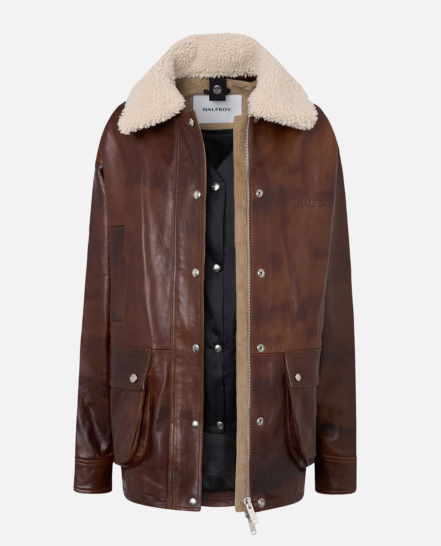 Halfboy Leather Jacket Featuring Shearling Collar In Brown