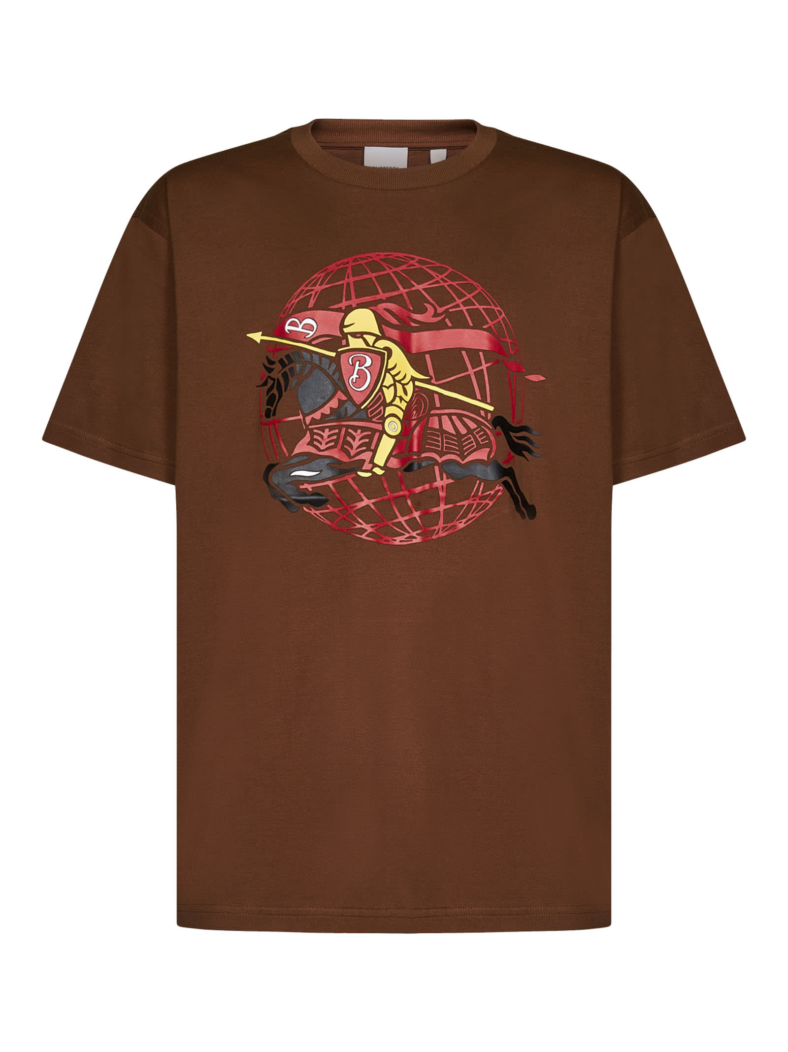 BURBERRY BROWN CREWNECK T-SHIRT WITH GRAPHIC PRINT IN COTTON MAN