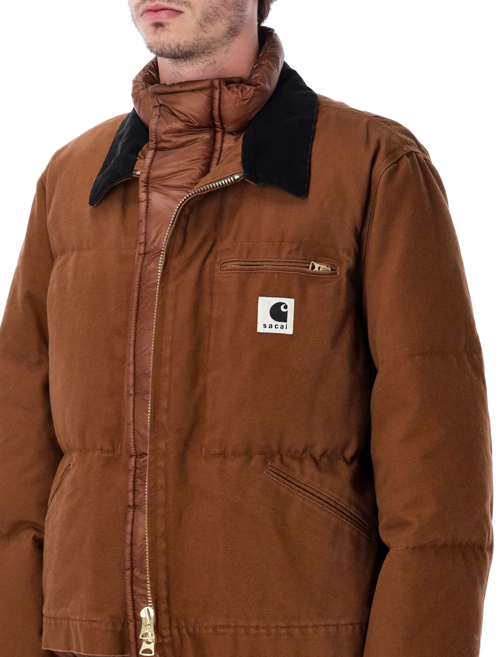 Sacai X Carhartt Wip Washed Duck Down Puffer Jacket In Brown