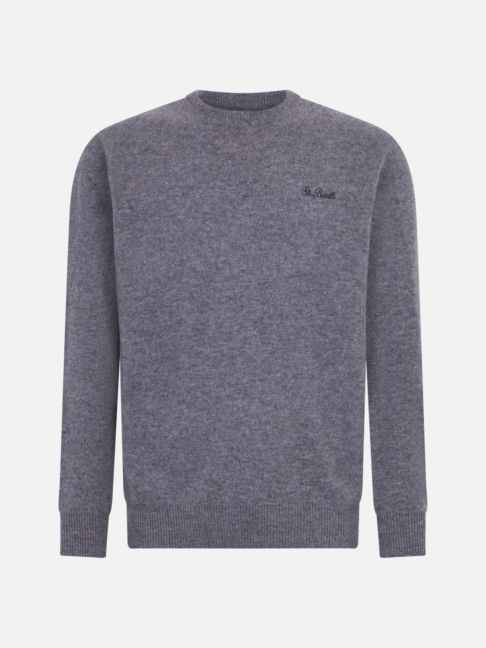 Mc2 Saint Barth Man Crewneck Grey Sweater With St. Barth Embroidery In Grey