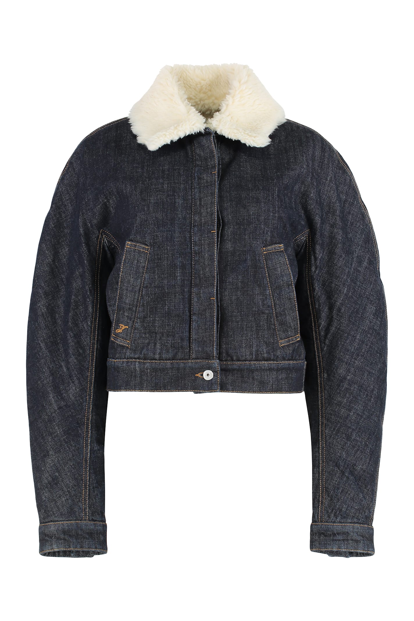 Jacquemus Le Bomber De-nimes Ovalo Blue Jacket With Fur Collar And Two Front Welt Pockets In Denim Woman In Blue