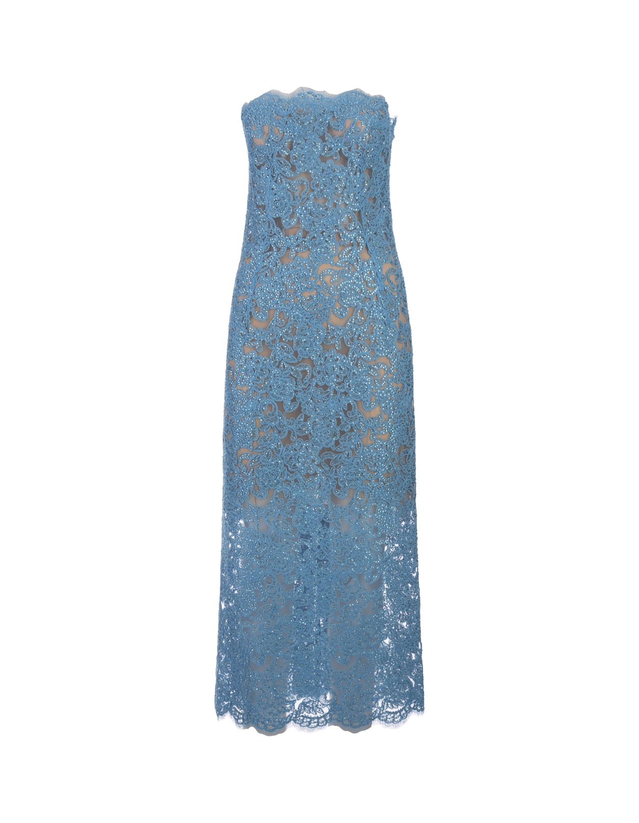 Light Blue Lace Longuette Dress With Micro Crystals