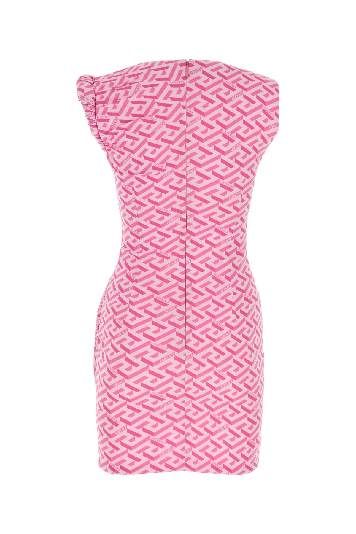 Shop Versace Printed Stretch Crepe Mini Dress In Fuxia