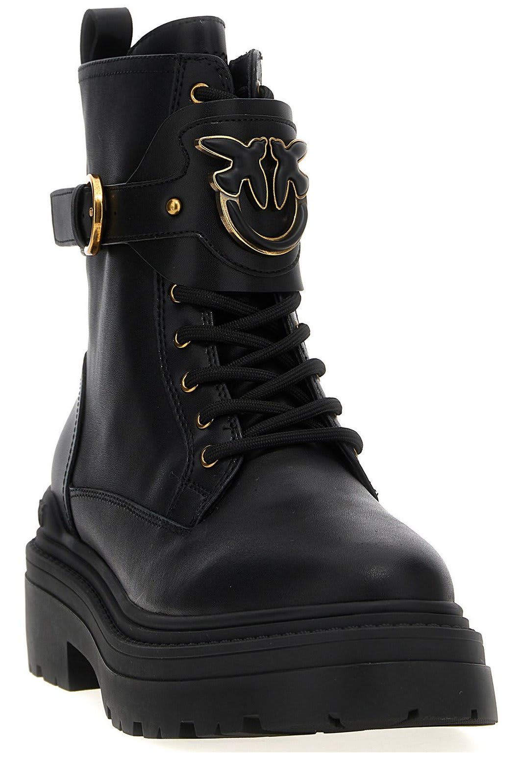 Pinko Chunky Platform Black Leather Boots With Decorative Buckle In Black
