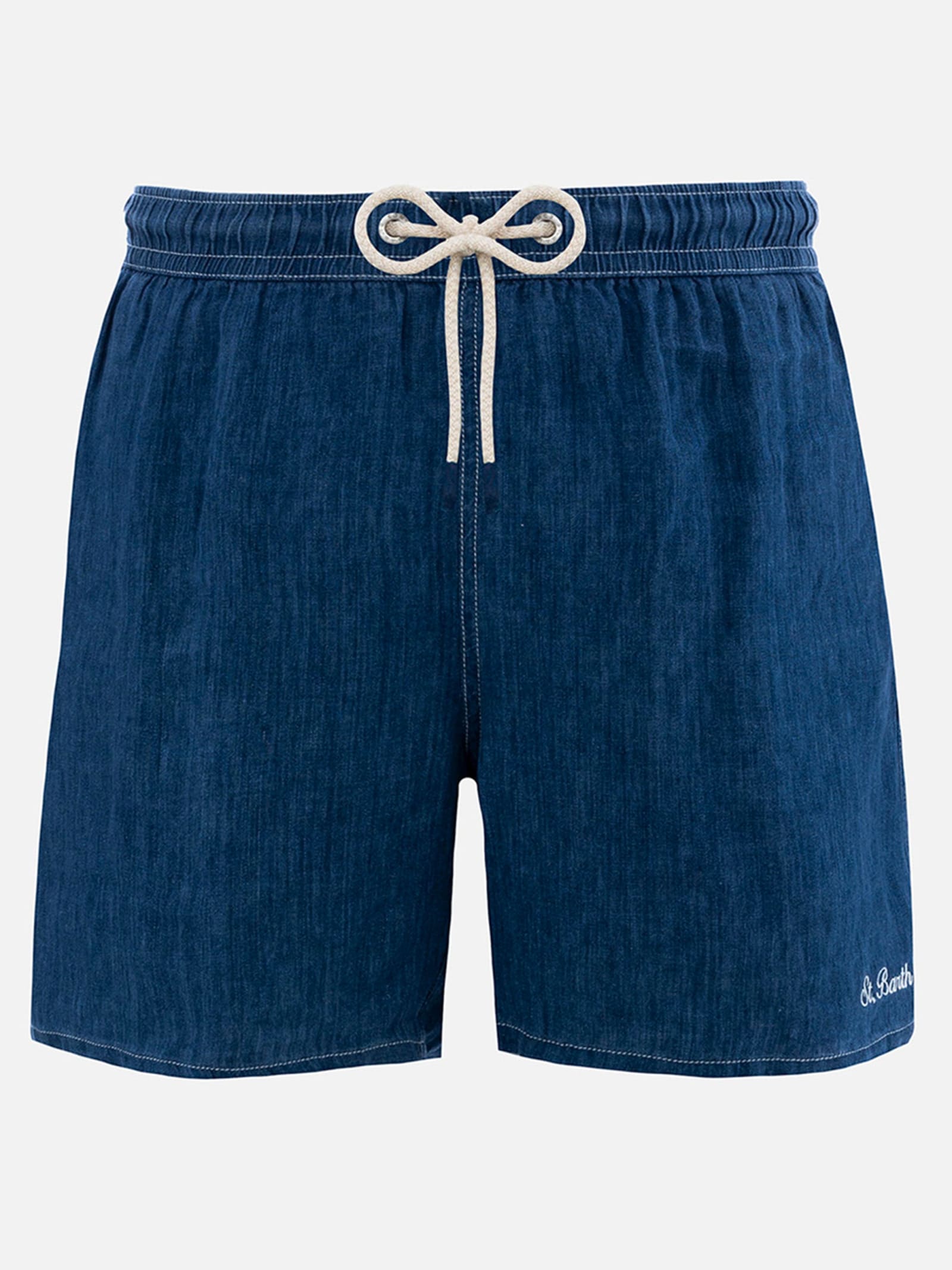 Mc2 Saint Barth Man Mid-length Denim Blue Linen Swim-shorts Gustavia In Blue