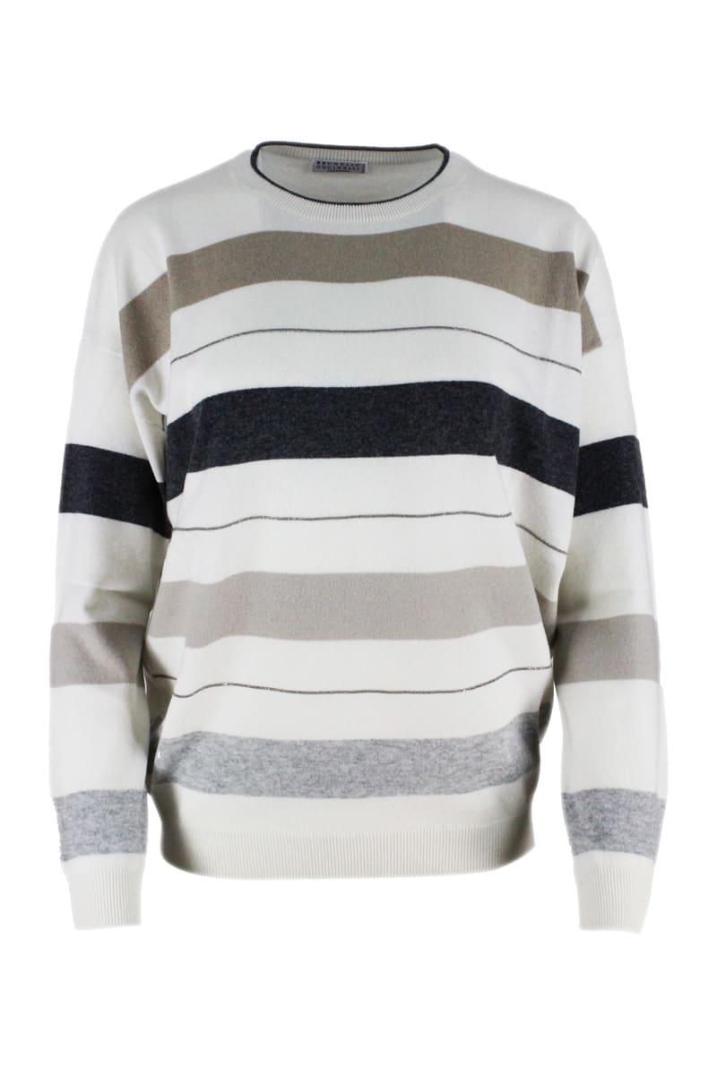 Brunello Cucinelli Oversized Cashmere Crewneck Sweater With Stripes And Rows Of Jewels