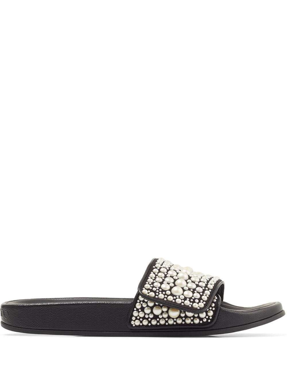 Jimmy Choo Black Plastic Mule Slides With Fitz Decoration With Faux Pearls Detail