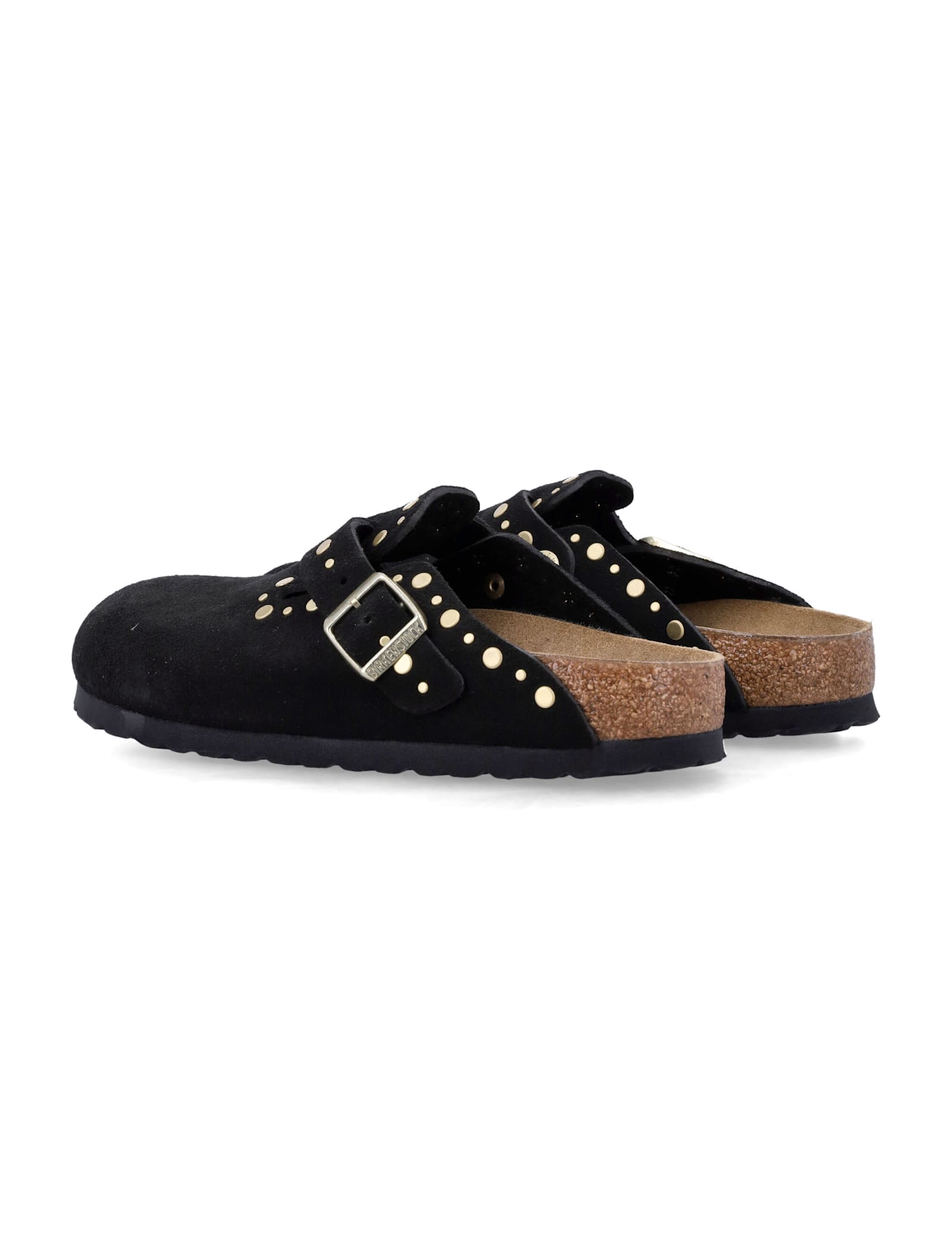 Birkenstock Boston Black Suede Mules With Studs In Black