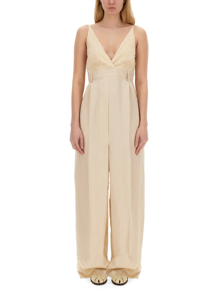 Shop Alysi Malfile Satin Jumpsuit In Beige