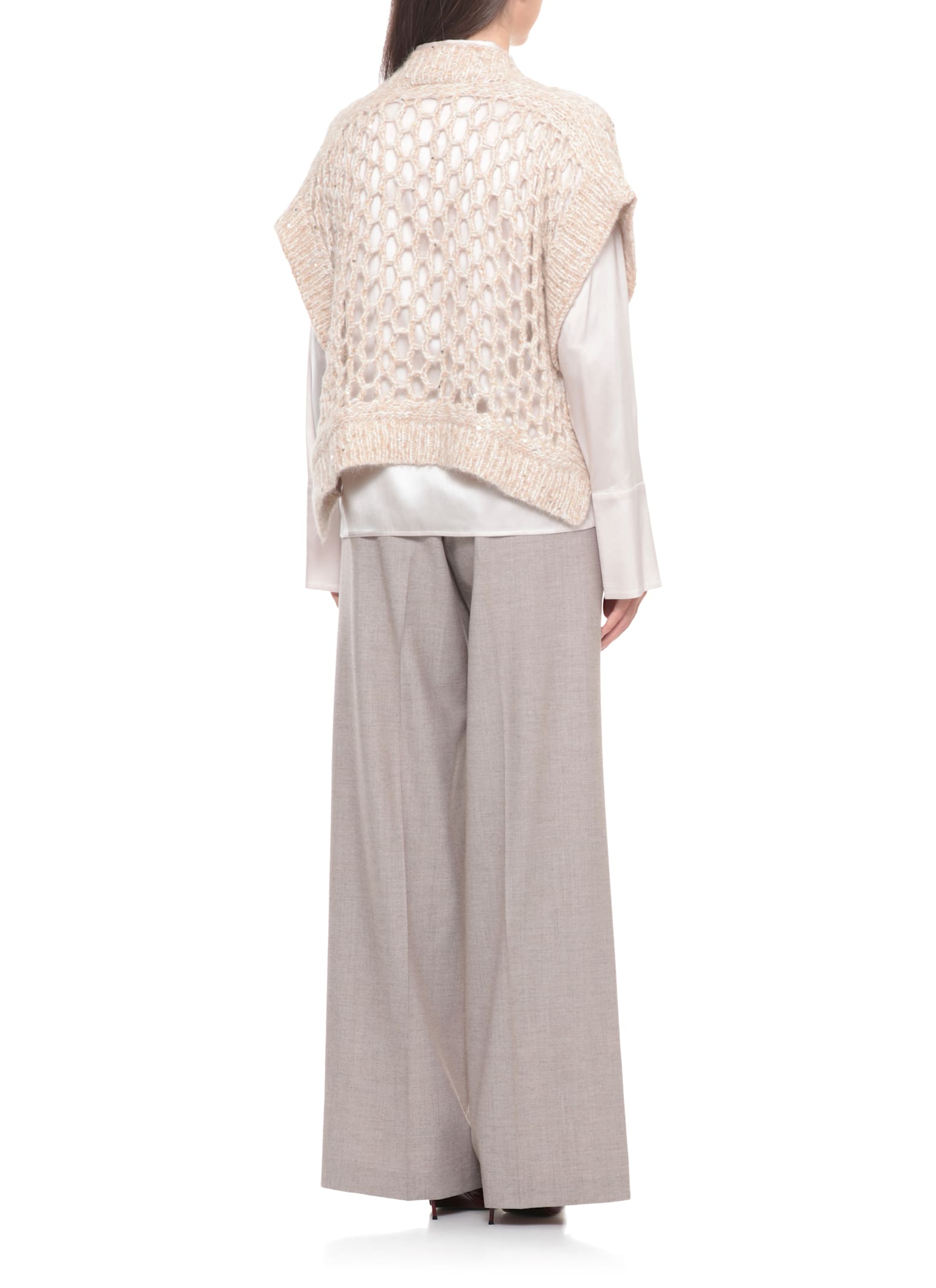 Peserico Sleeveless Open Knit Sweater Featuring Sequins In Neutral