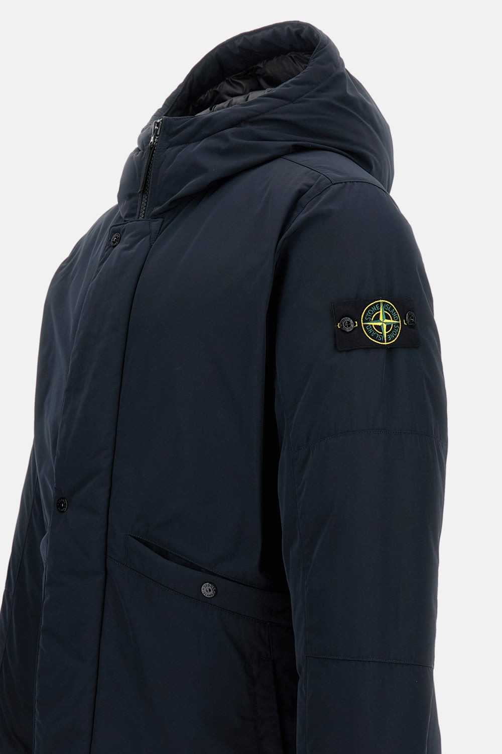 Stone Island Black Hooded Coat With Relaxed Silhouette In Blue