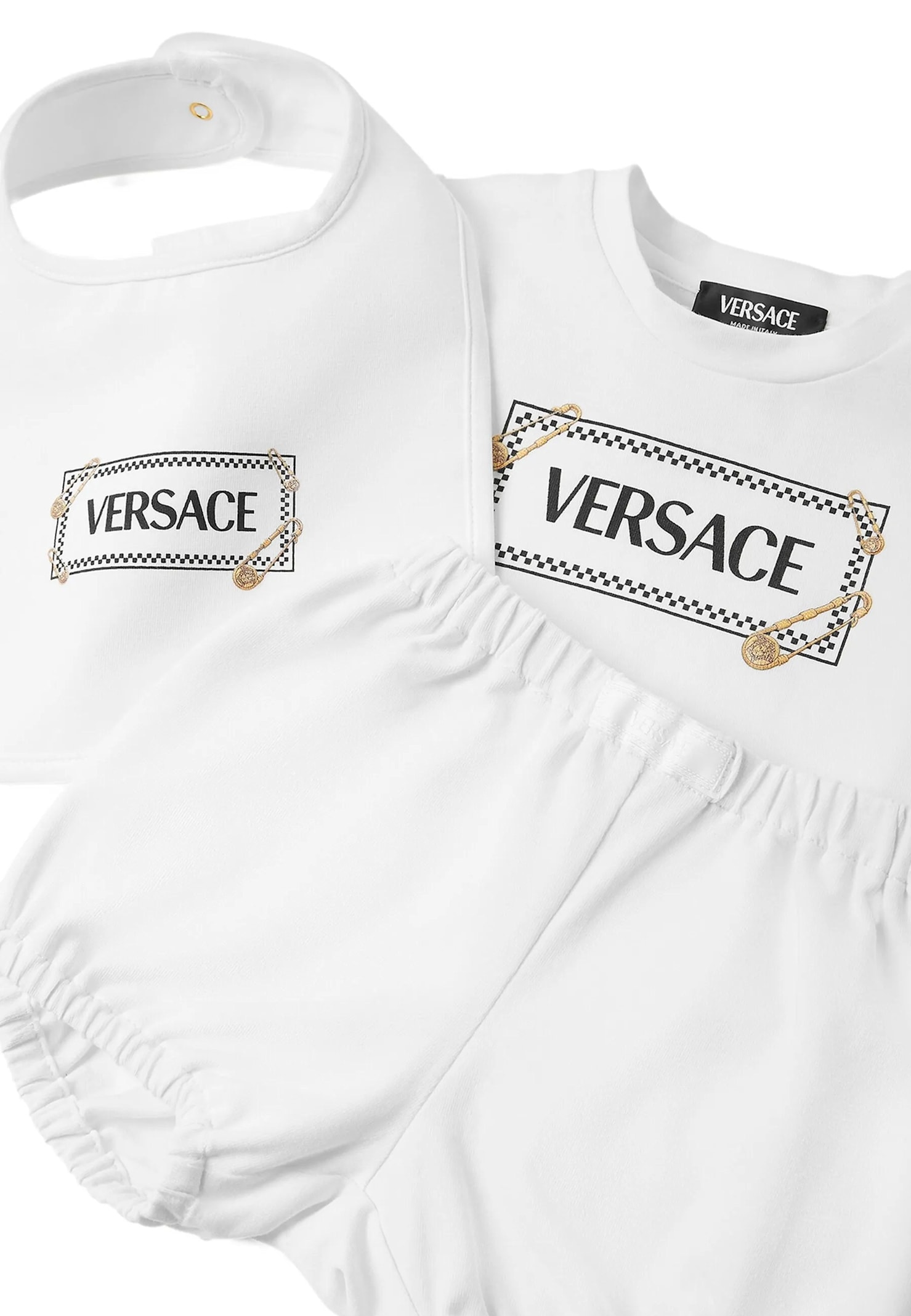 Versace Ivory Set With 90 Vintage Logo And Pins For Baby In White