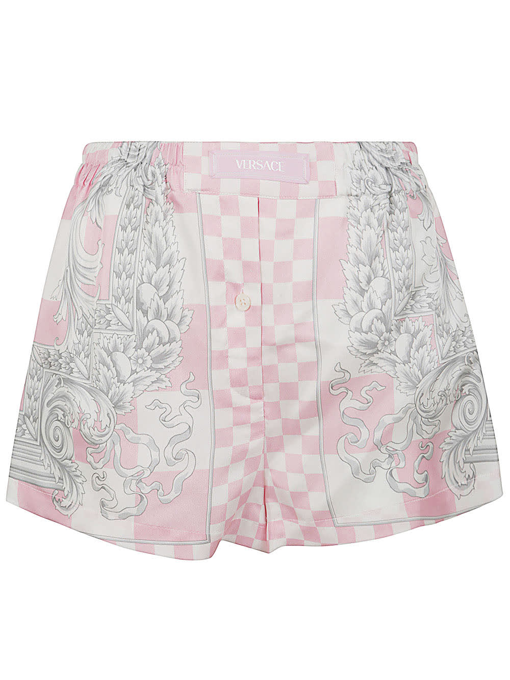 Shop Versace Printed Silk Twill Shorts In Pastel Pink White Silver