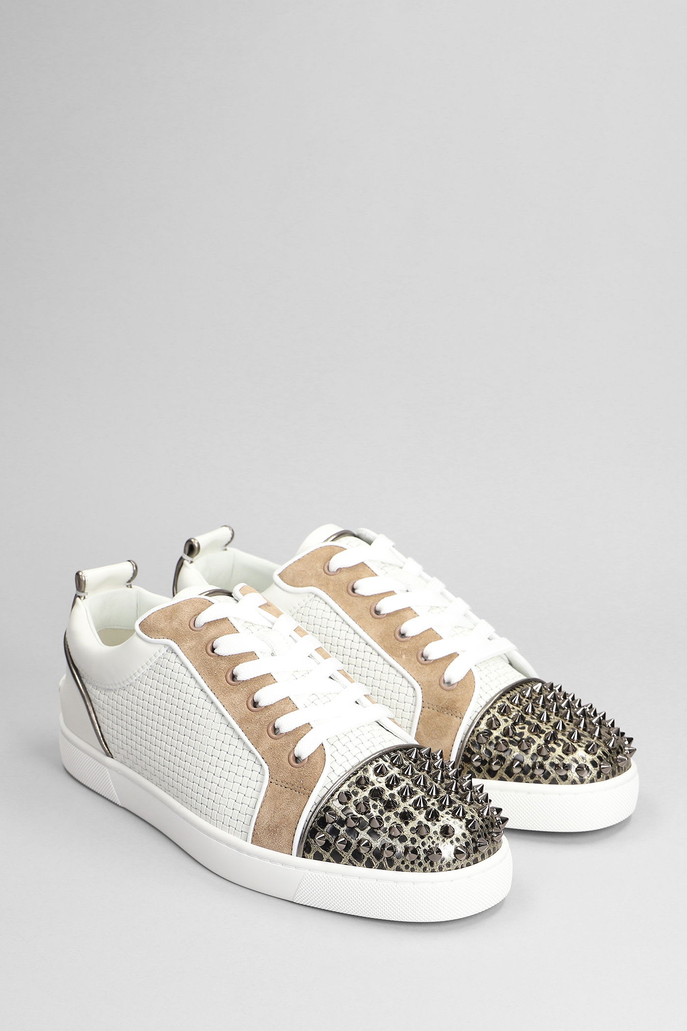 Christian Louboutin Louis Junior Spikes Sneakers In White Suede And Leather In Multi