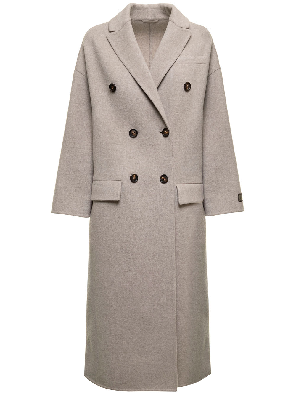Double-breasted Beige Wool Coat With Monile Insert Brunello Cucinelli Woman