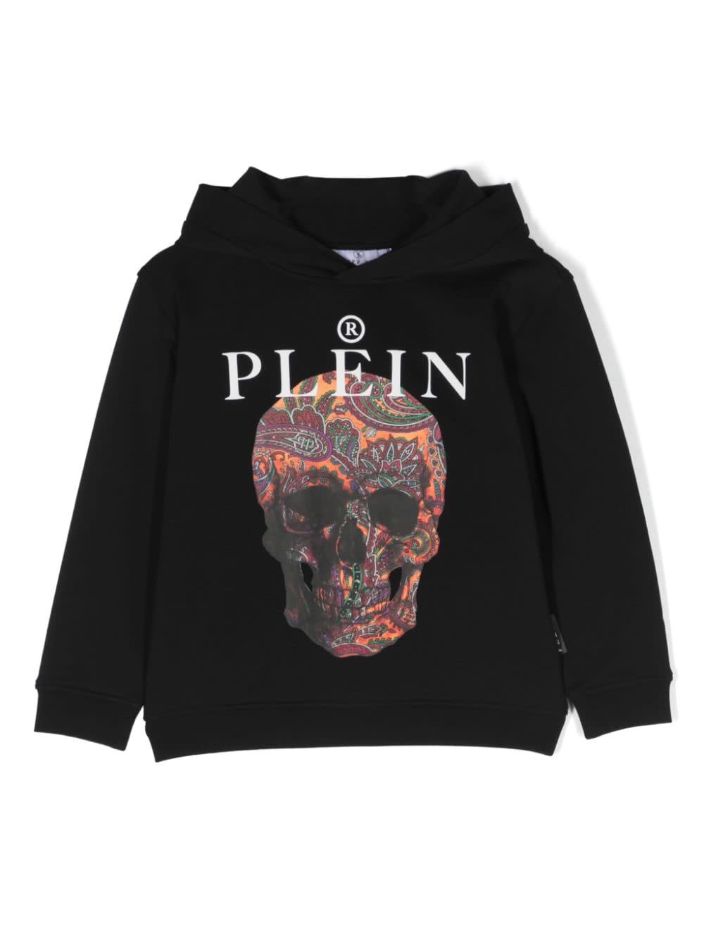 Philipp Plein Kids'  Felpa Nera Skull In Cotone Con Cappuccio Bambino In Nero