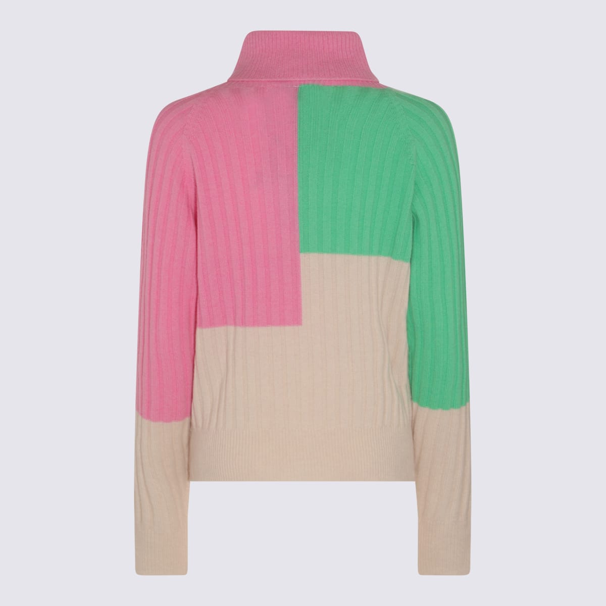 Beige, Green And Neon Pink Merino Wool And Cashmere Blend Rib Knit Sweater