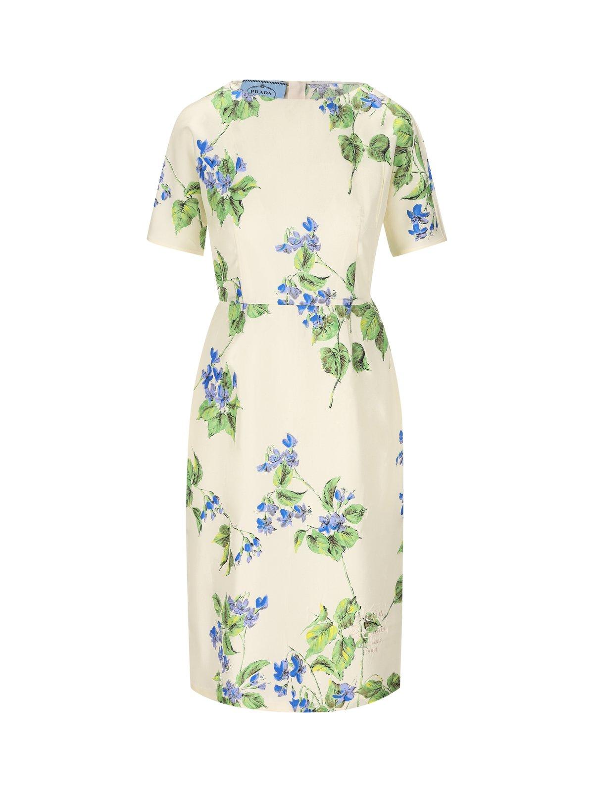 Shop Prada Floral Print Short-sleeve Dress In Talco
