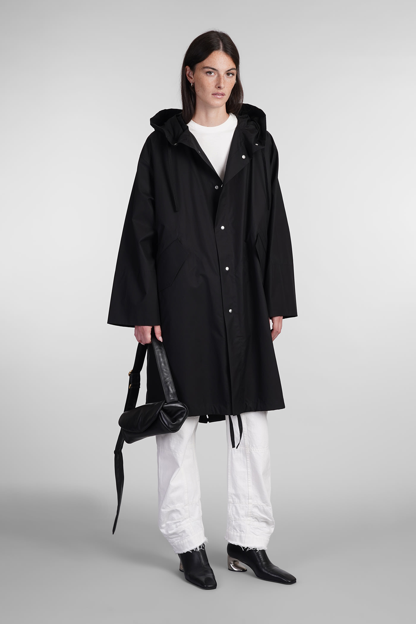 Jil Sander Hooded Midi Parka With Drawstring Waist In Black