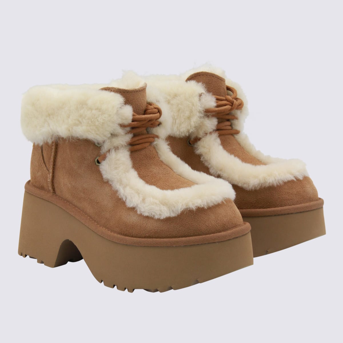 Ugg Esmee Beige Ankle Boots With Fur Detailing And Platform In Suede Woman In Brown