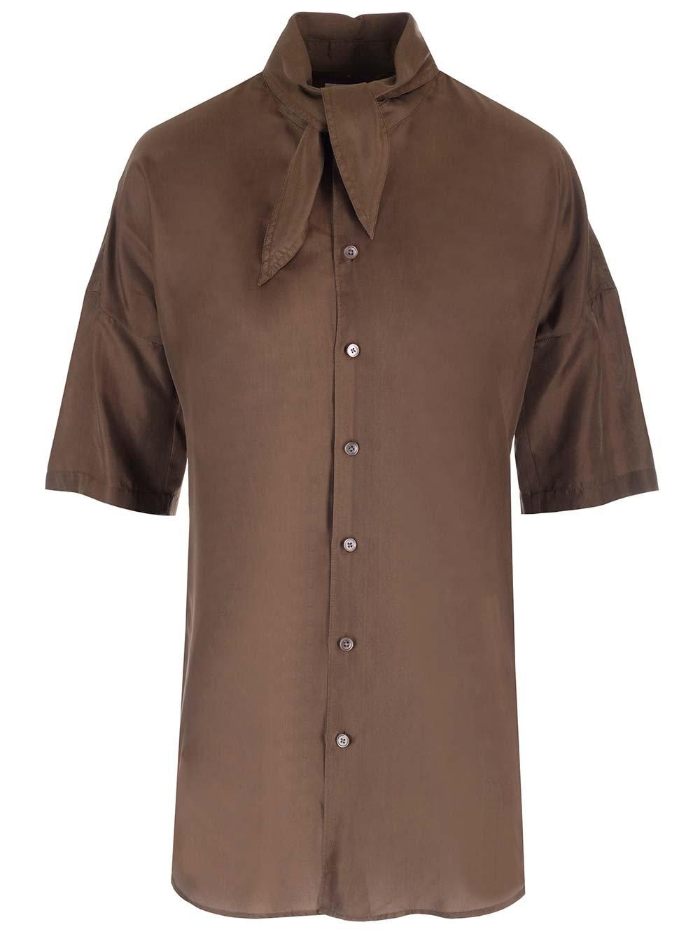 Shop Lemaire Pussy-bow Short-sleeved Top In Dark Tobacco